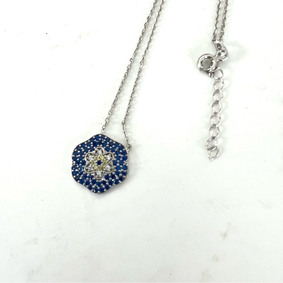 FLOWER Dainty 925 Sterling Silver Blue Clear Rhinestone Adjustable Necklace - Picture 7 of 9
